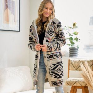 new ON BLUE SHERPA LINED HOODED SWEATER cardigan duster Boho western Aztec S M L